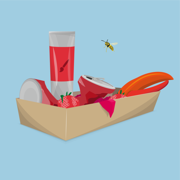 Eine Illustration von einem Erdbeerbehälter mit diversen roten Gegenständen gefüllt, um die Diversität des Designs von Verpackungen aufzuzeigen.