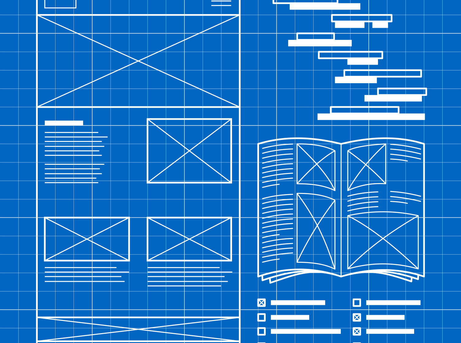 Ein Blueprint mit einem Mockup von einer Webseite, einer Broschüre und einer To-Do Liste.