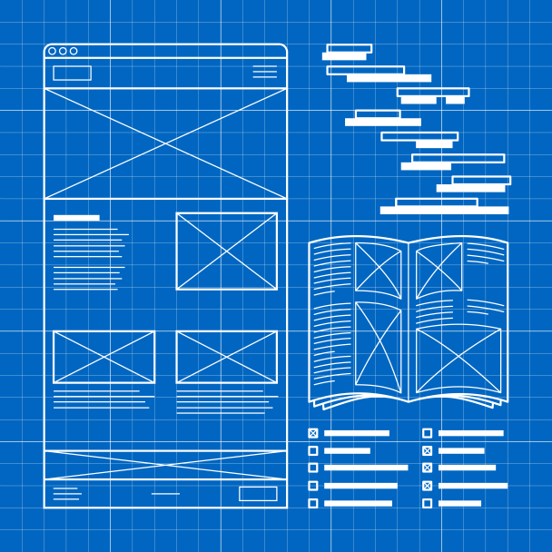 Ein Blueprint mit einem Mockup von einer Webseite, einer Broschüre und einer To-Do Liste.